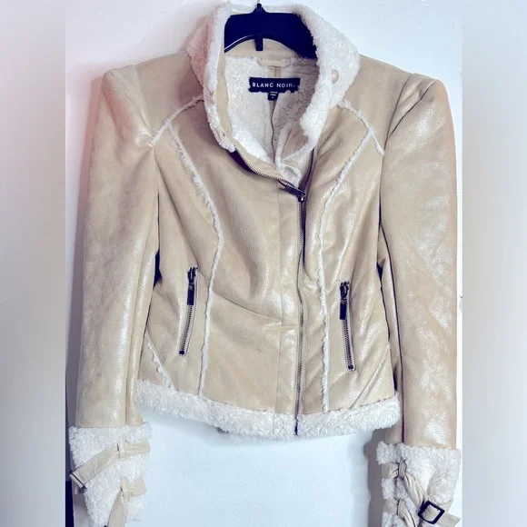 BLANC NOIR NWT Tan Faux leather jacket front zip pockets, wrist straps. - Picture 1 of 5